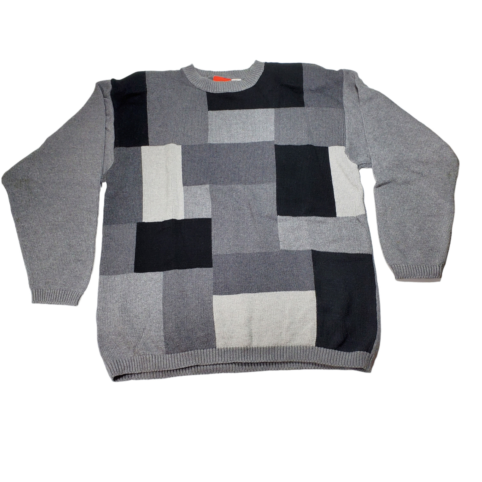 VTG 80s Liz & Co Geometric Colorblock Knit Sweater Womens M Grey Black Checkers
