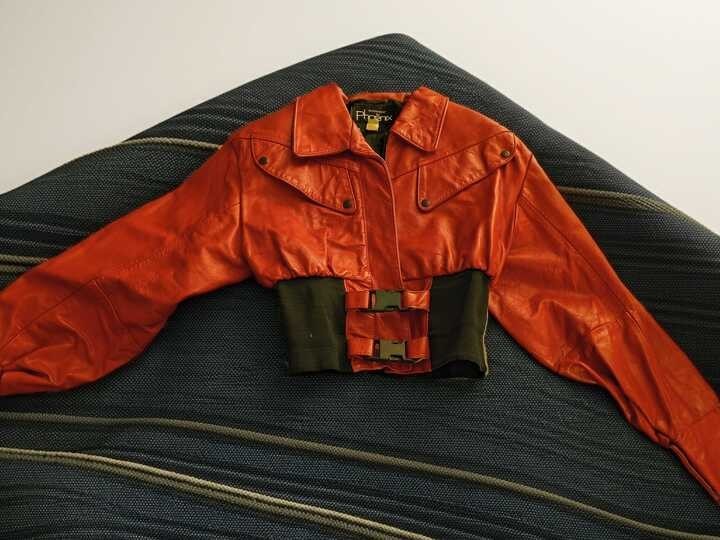 RARE 1990s Outerwear by Phoenix Red Leather Cropped Corset Waist Moto Bomber S