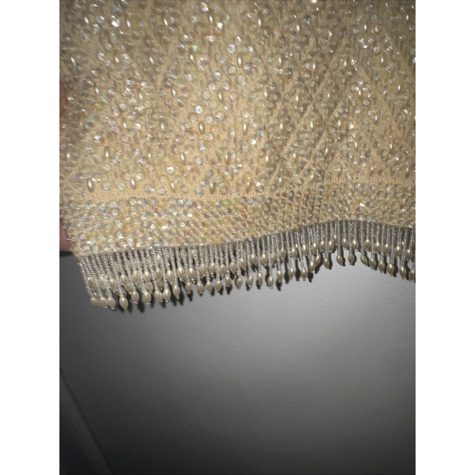 Vintage Beaded Sequin Knit Tank Top Cream Champagne Pearl Fringe Shell L