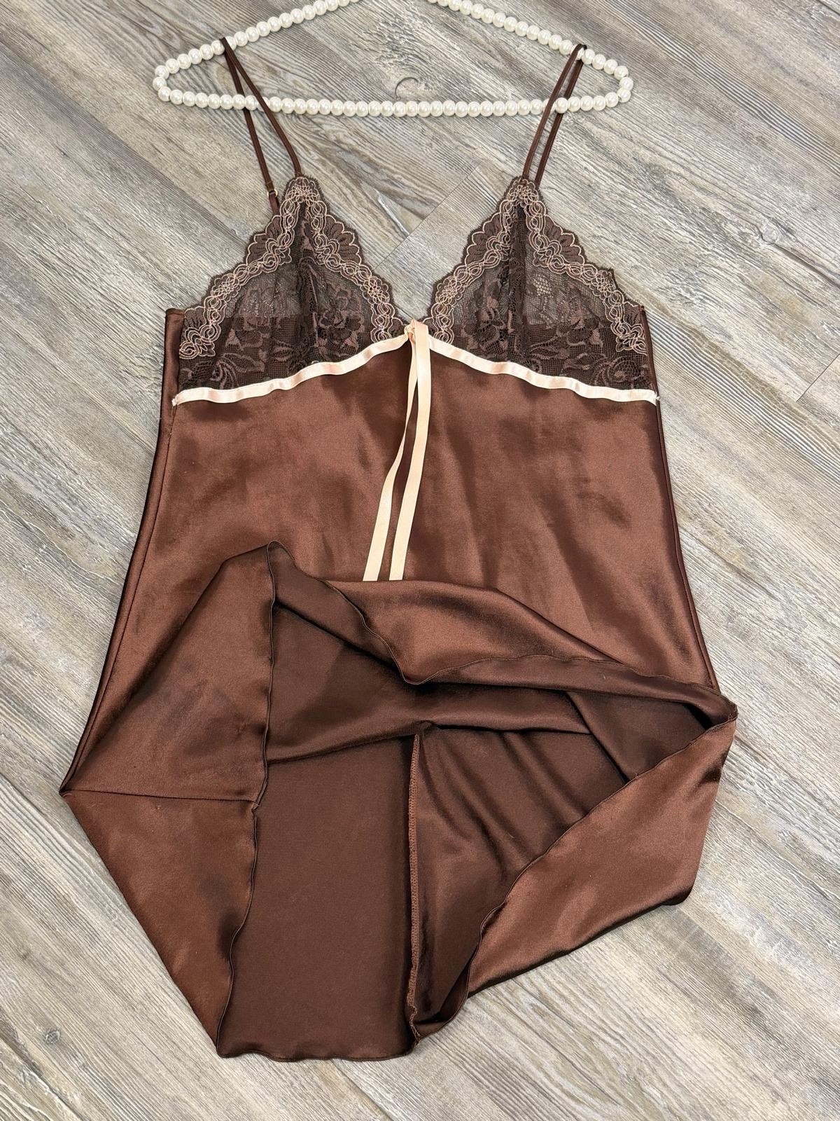 Mis. Andra Lingerie Made in Italy Brown Satin Floral Laced Ribboned Nightdress 2