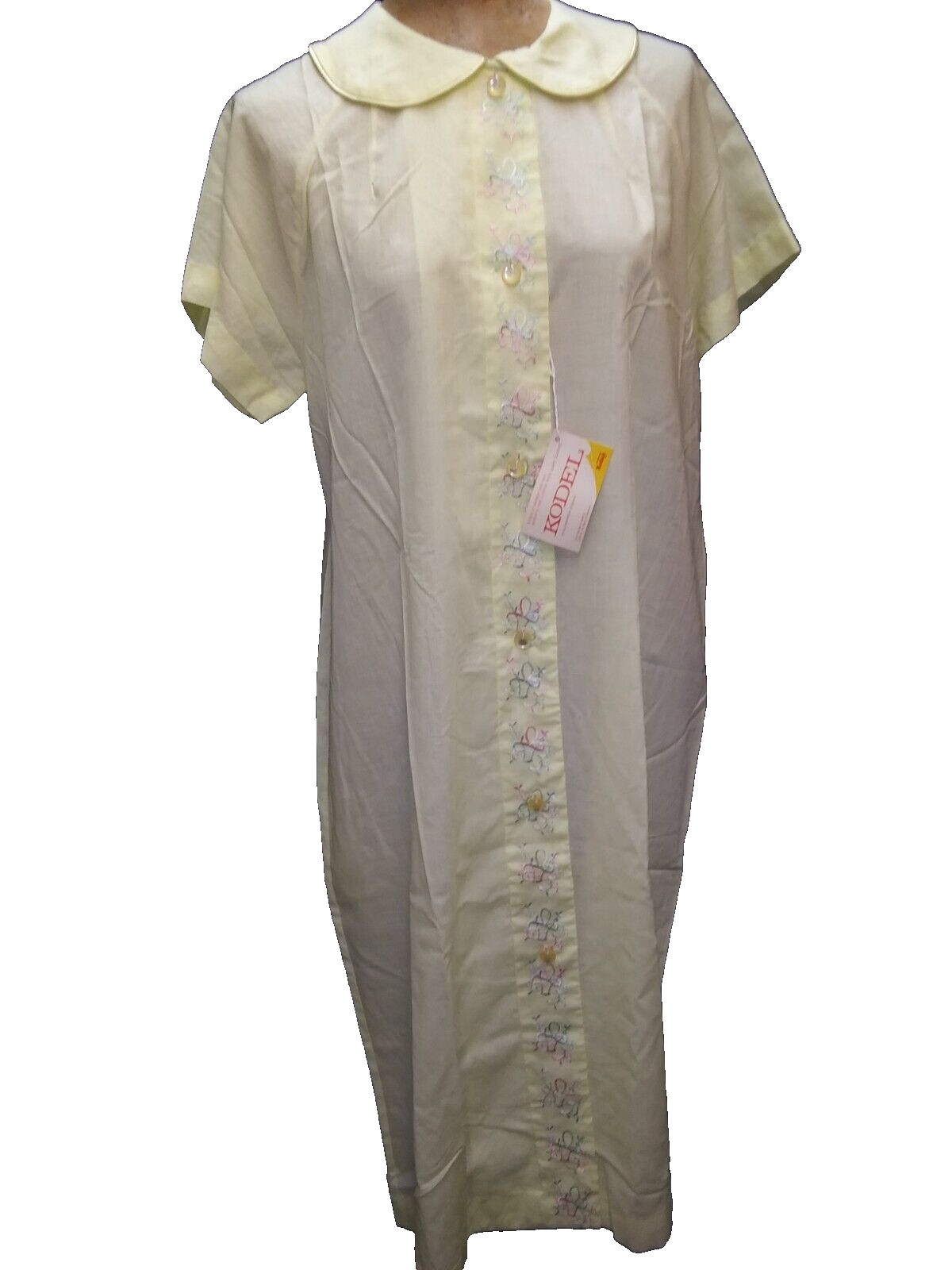 60’s Pale Yellow Embroidered Poly Rayon House Dress Robe Dress Smart Time L NWT