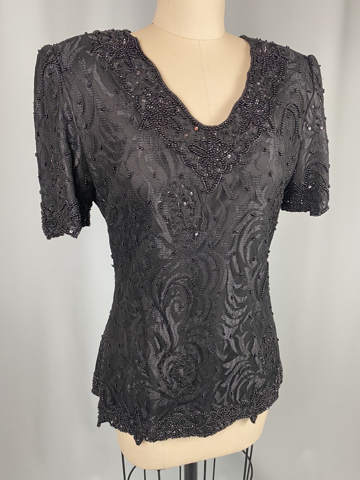 Vintage Beaded Top SIZE SMALL Rayon 80s 90S Shoulder Pad classic princess lace