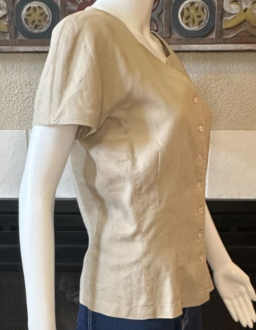 Claude Bennett Short Sleeve 100% Linen Size 12 tan button up blouse vtg