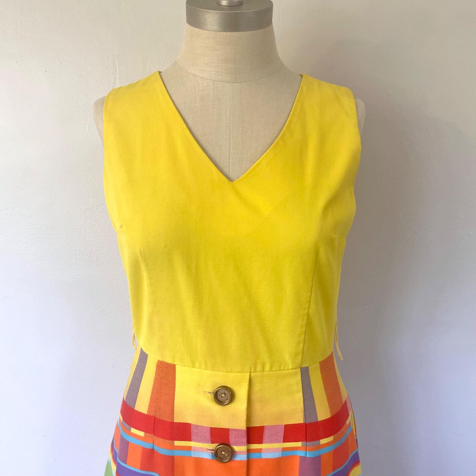 Vintage 60s Elizabeth Stewart Dress Culotte Skort Romper Yellow Plaid Size S/M