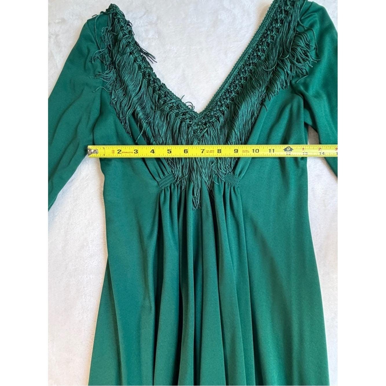 1970’s Deep Green Empire Waist Fringe V-Neck with Macrame Tassel Maxi Dress