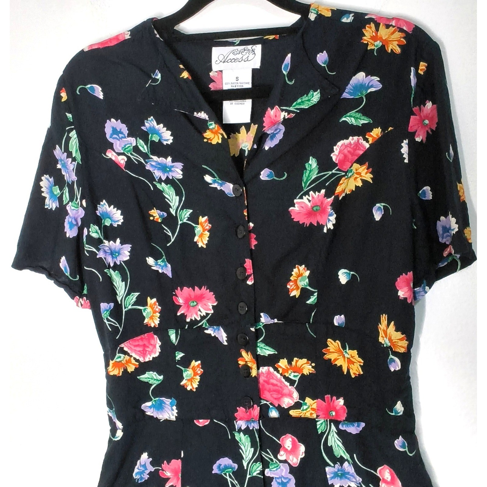 Access Vintage Floral Romper Shorts Women Small Black Short Sleeve Button Front