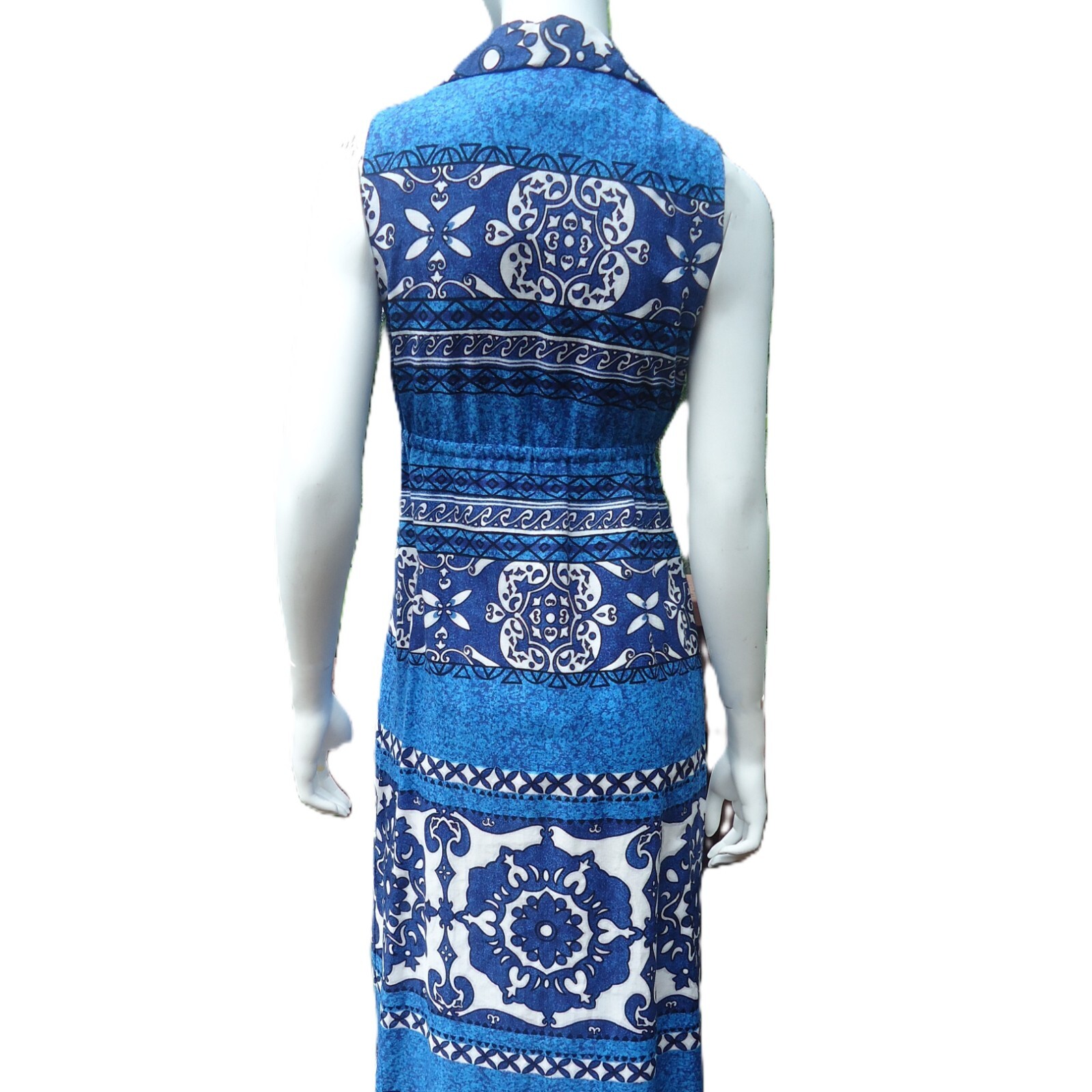 Penneys Hawaii VTG Small Barkcloth Maxi Dress Blue Tropical Sleeveless Collared