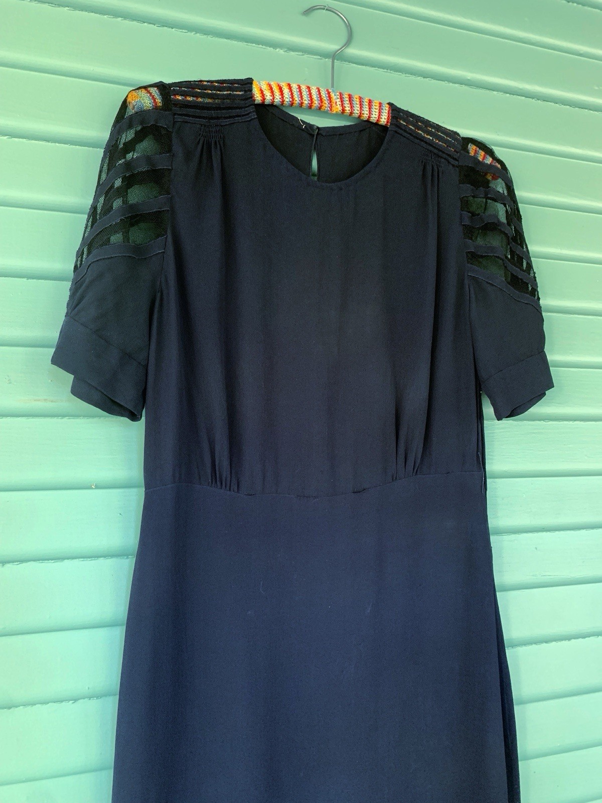 Vintage 1930s Navy Blue Silk Crepe Dress Art Deco Mesh Cut Out Sleeves Sz M/L