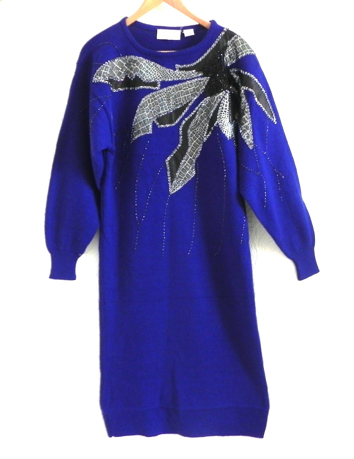Vtg Belldini Sweater Dress Pullover Long Sleeve Midi Blue Patching OVERSIZED S