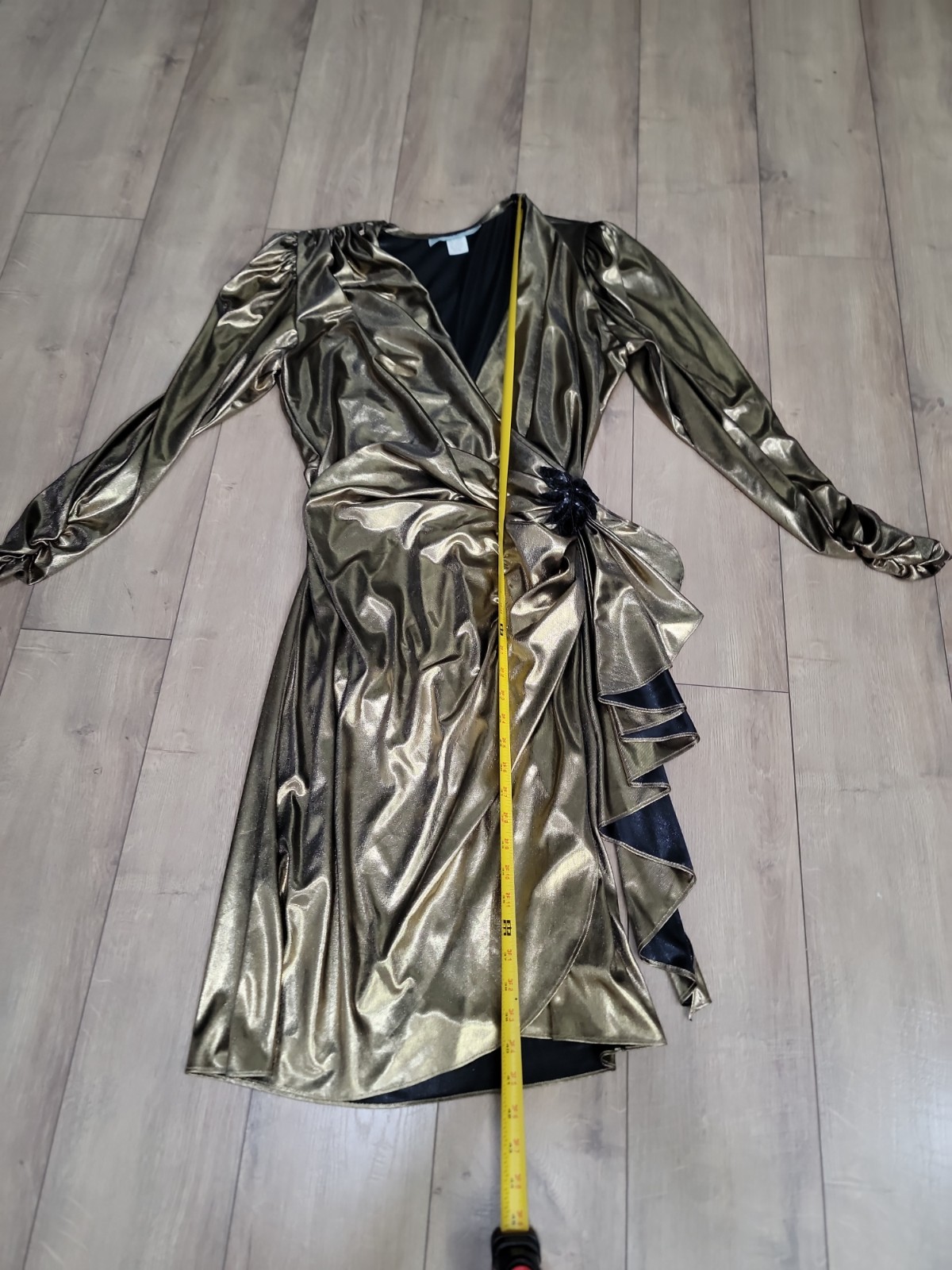 Vintage 80s Filigree Metallic Gold Lamé Ruched Wrap Cocktail Dress Draped Party