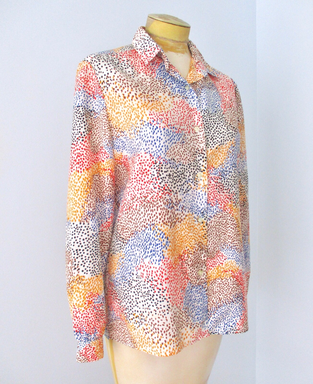 Vtg 70s Mod Colorful Spotted Op Art Silky Poly Button Blouse Secretary Top 16