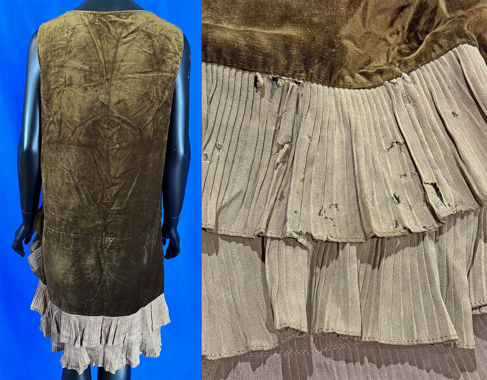 Vintage Art Deco Brown Velvet Beige Silk Pleated Ruffle Skirt Drop Waist Dress