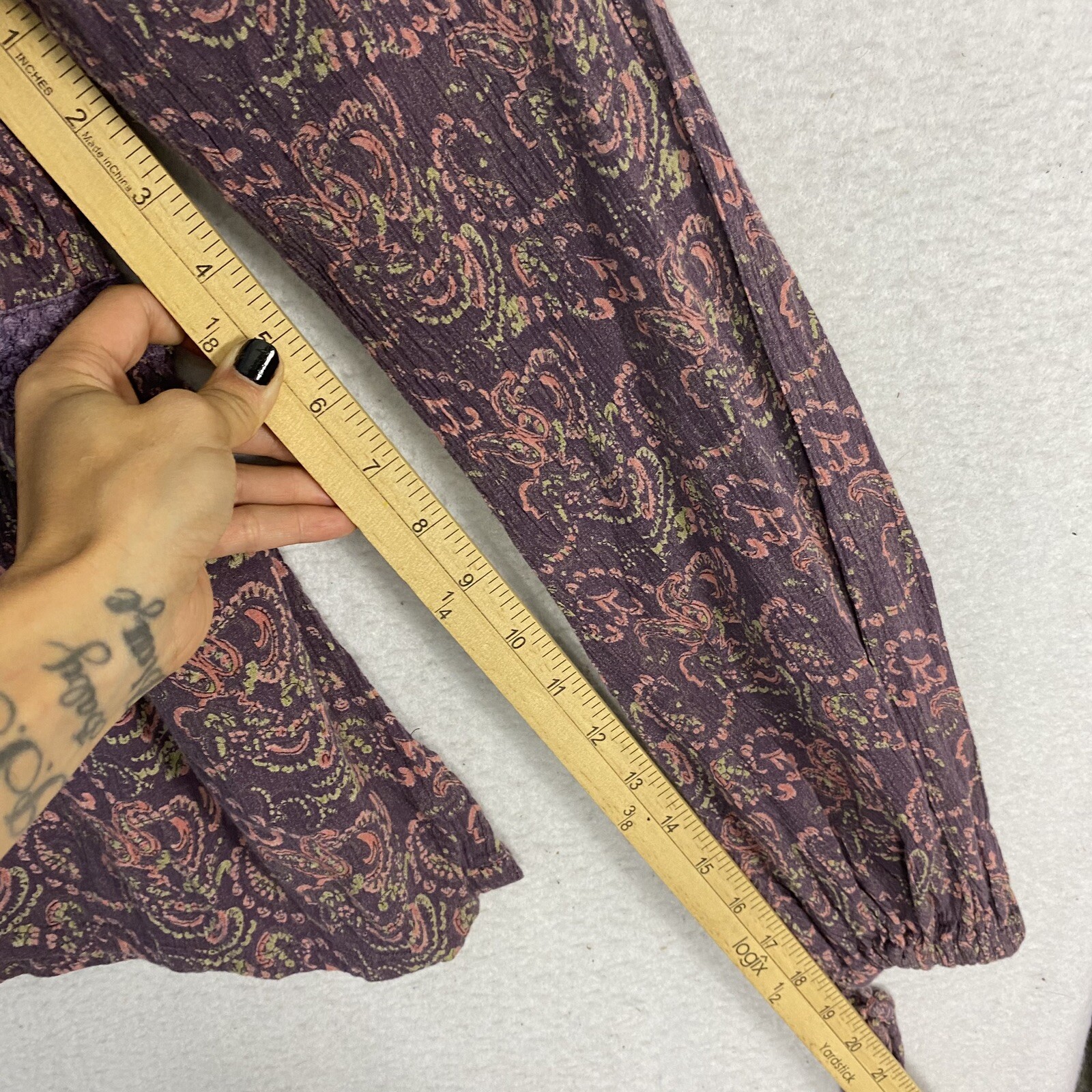 VTG Boho Peasant Balloon Sleeve Gauze Top L Purple Paisley 90s Blouse