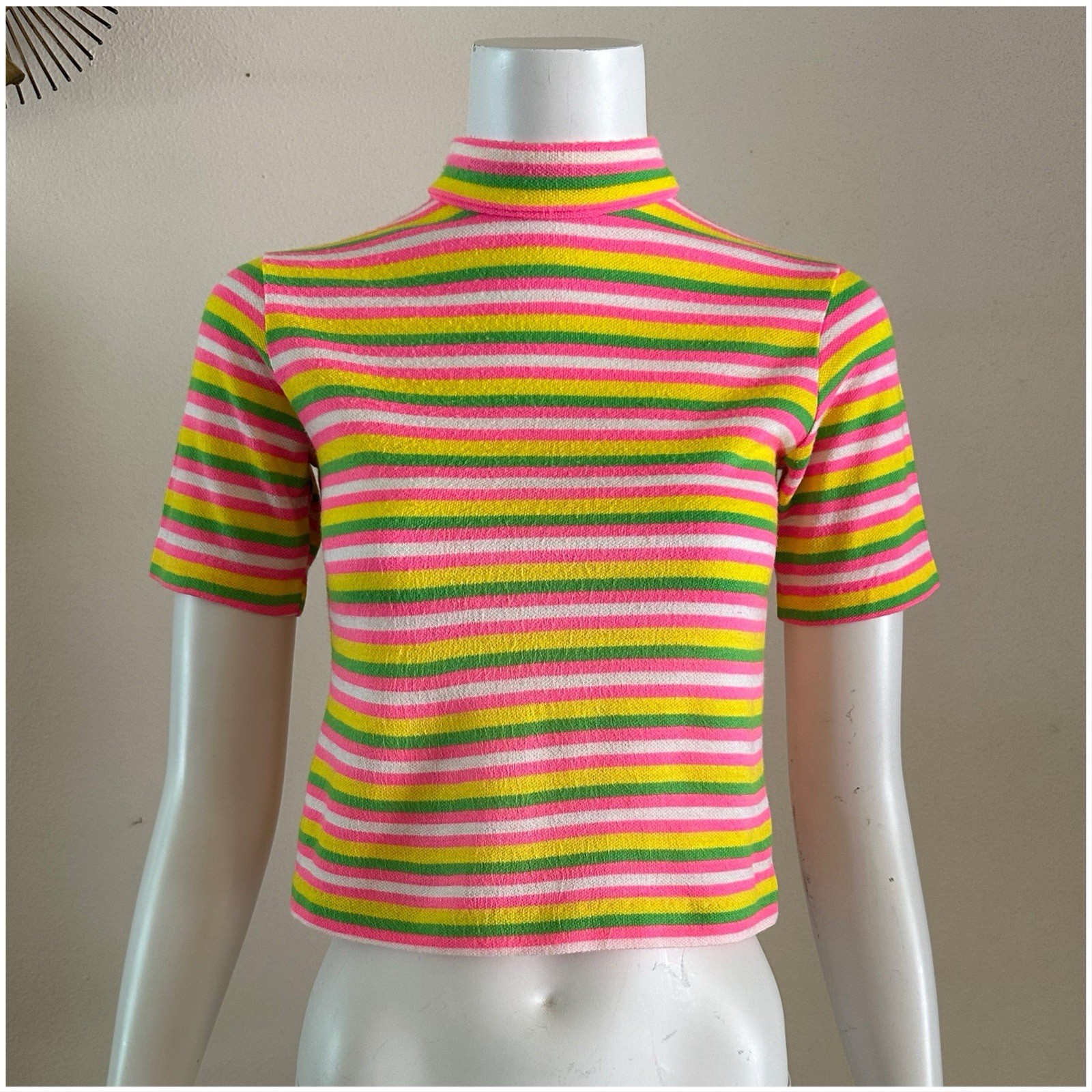 VTG 60s 70s Mod Stripe Mock Neck Top XS Small Talon Zip Neon Surf Knit Resort