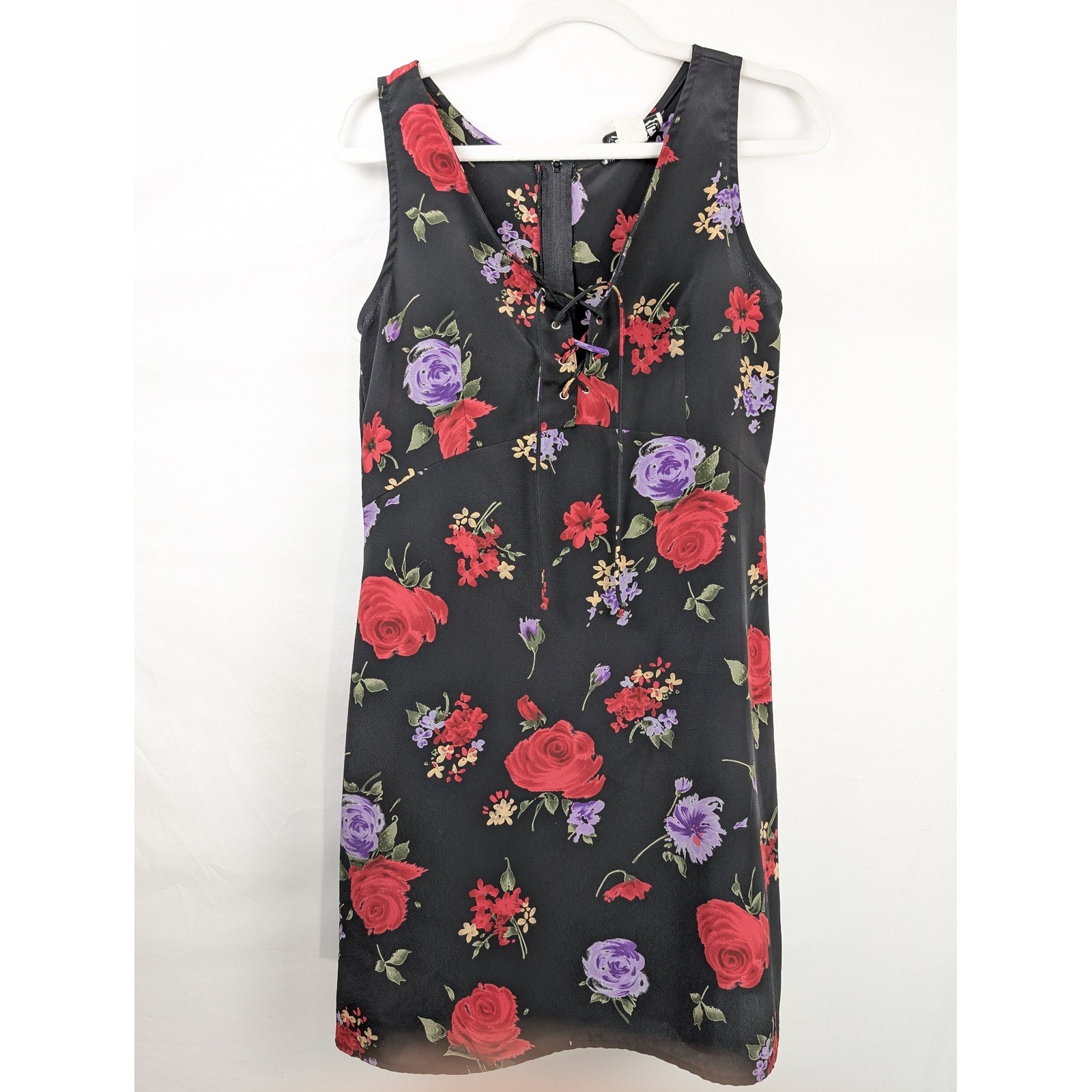 Vintage 90s Floral Lace Up Babydoll Mini Dress Size M Black Rose Dark Romantic