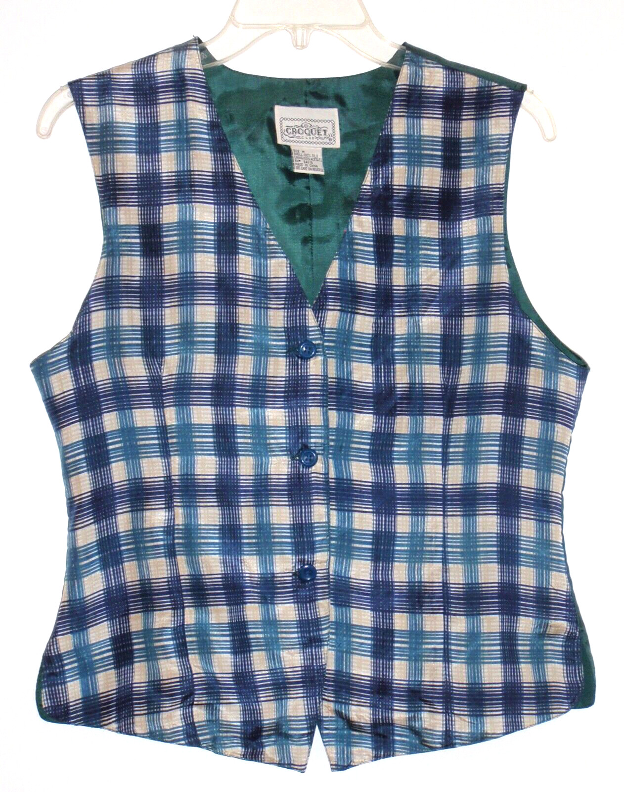 VTG Croquet Club Medium 100% Silk Woman Vest Checkered Blue White Tan Green