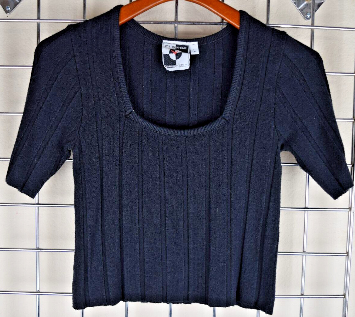 Vintage Knit Top Its Our Time Size S/M 80s Black Ribbed Soft Stretch Rayon Blend