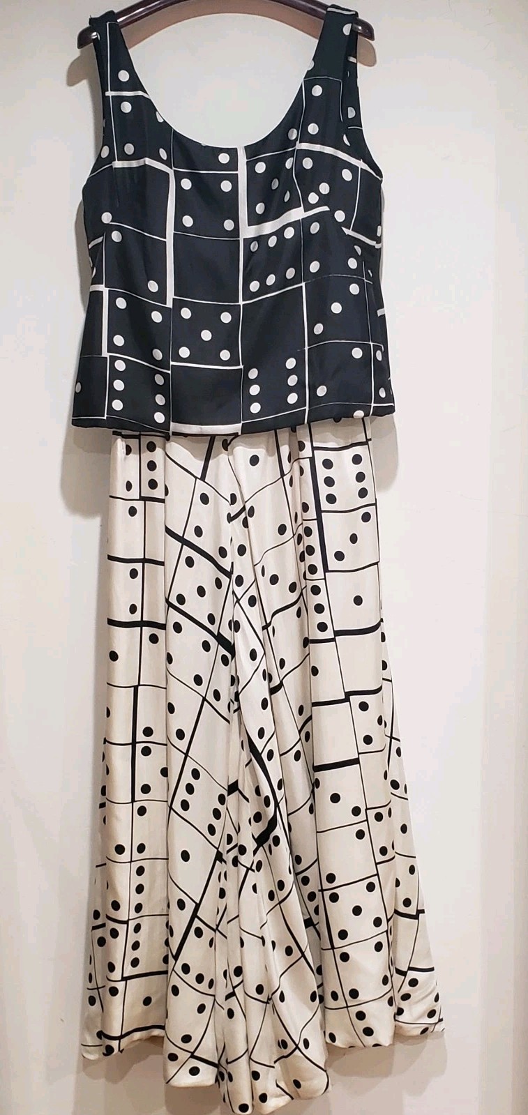 Vintage 1960s 2-Piece Dominoes Pattern Silk Twill Palazzo Jumpsuit Approx Sz 12