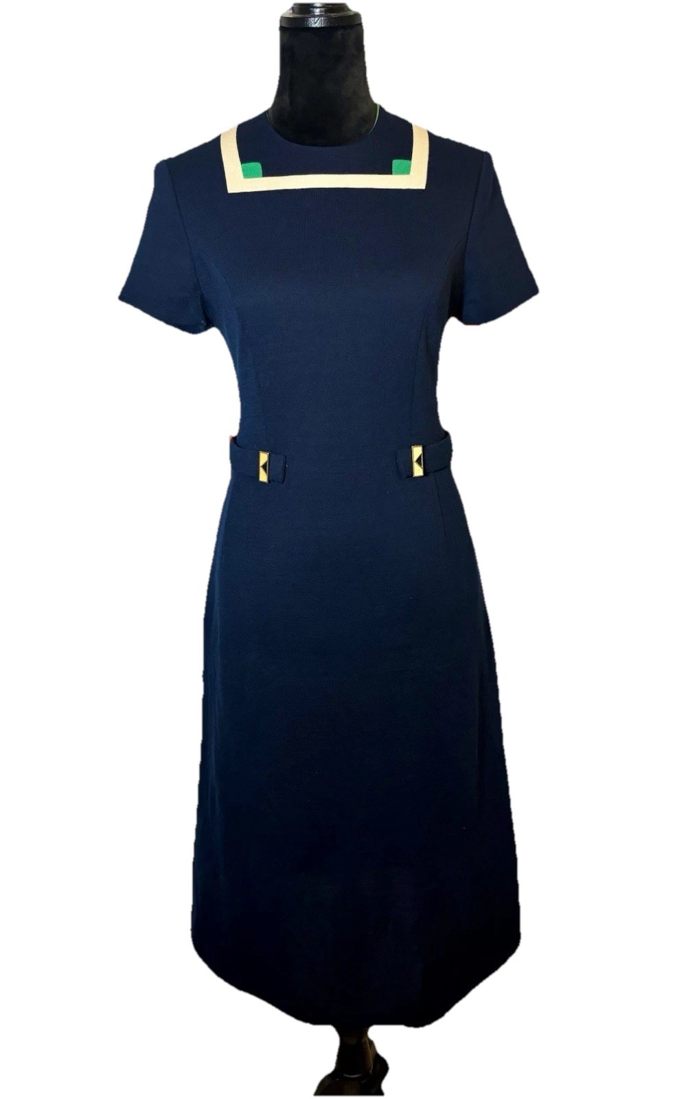 vintage 1960’s navy white & green dress enamel waist jewels Square Neck