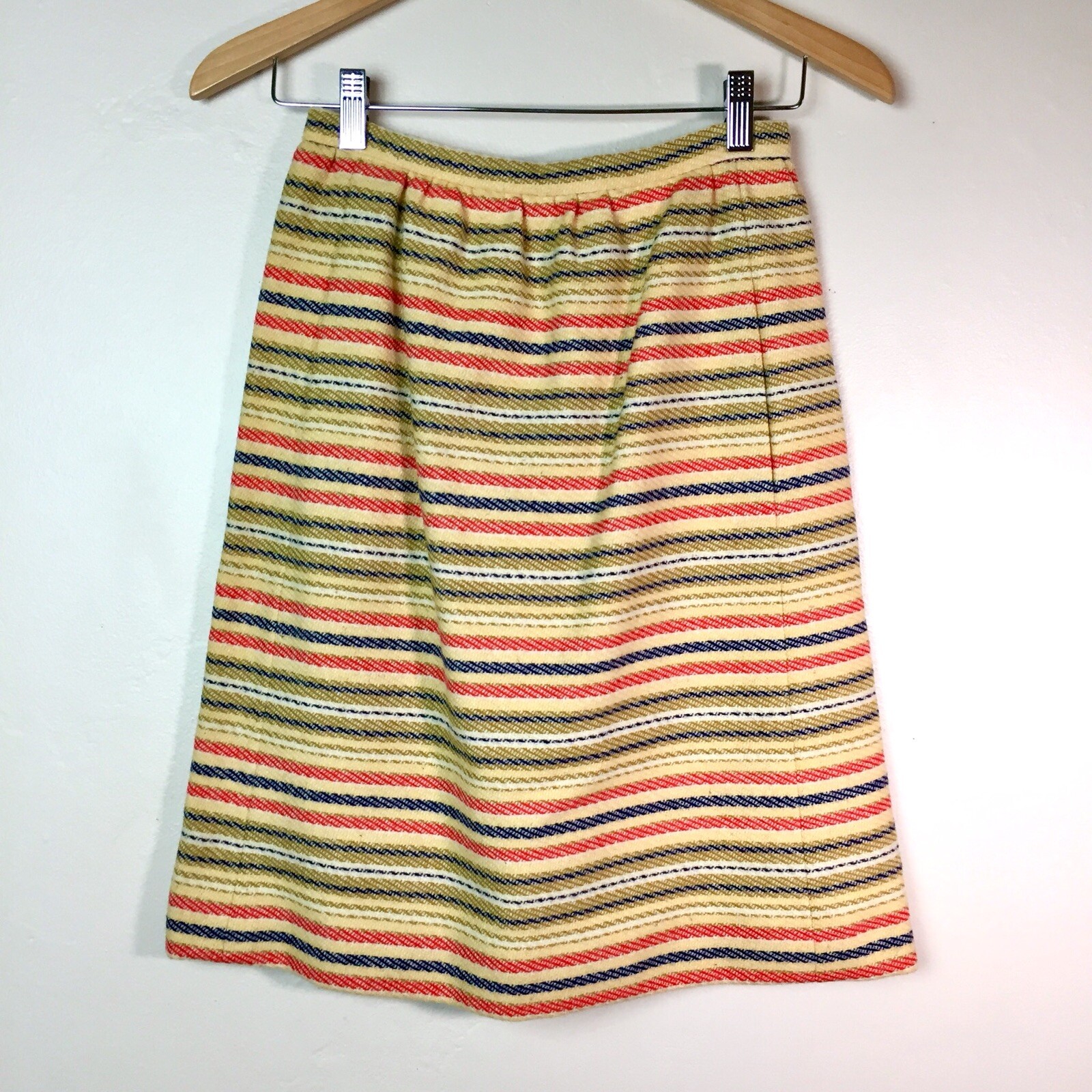 Majestic High Waist Pencil Skirt 1960’s Union Striped Wool Yellow Blue XS / 25