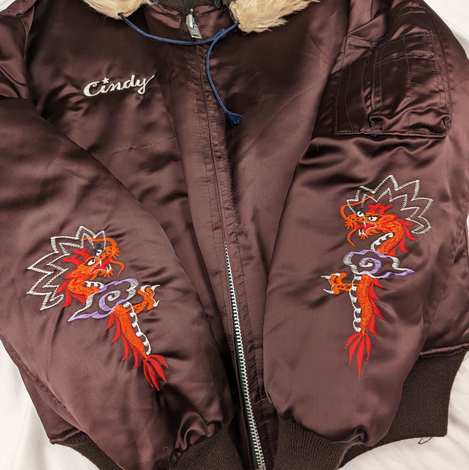 70s 80s Vintage Korea Souvenir Jacket faux Fur Split Hood Dragon Embroidery Vtg