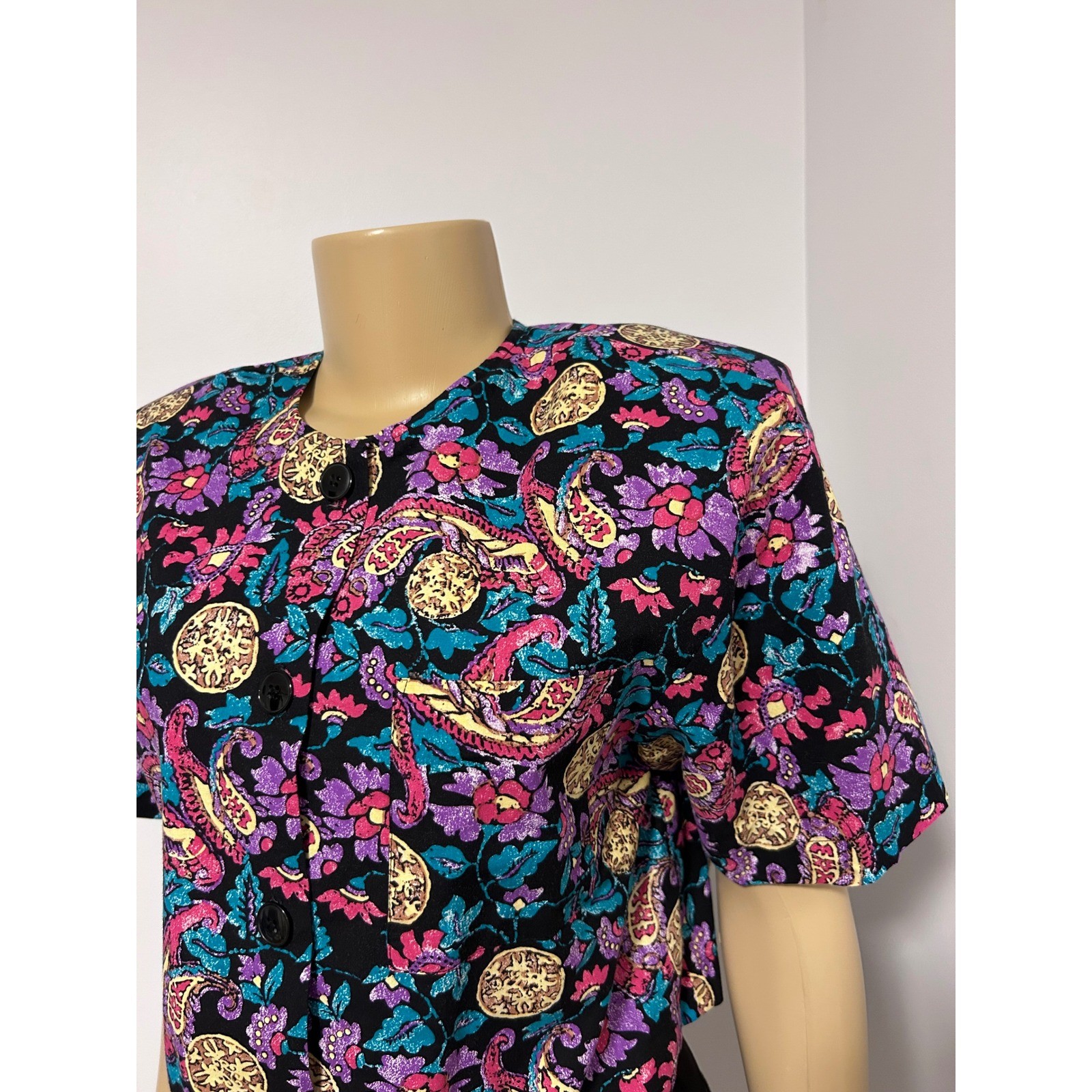 Craig Clothing Co Vintage 90s Paisley Floral Button Front Crop Top Medium Petite