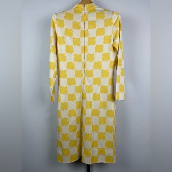 Vintage 60s 70s Amelia Gray Yellow Cream Checkered Long Sleeve Mock Neck Dress
