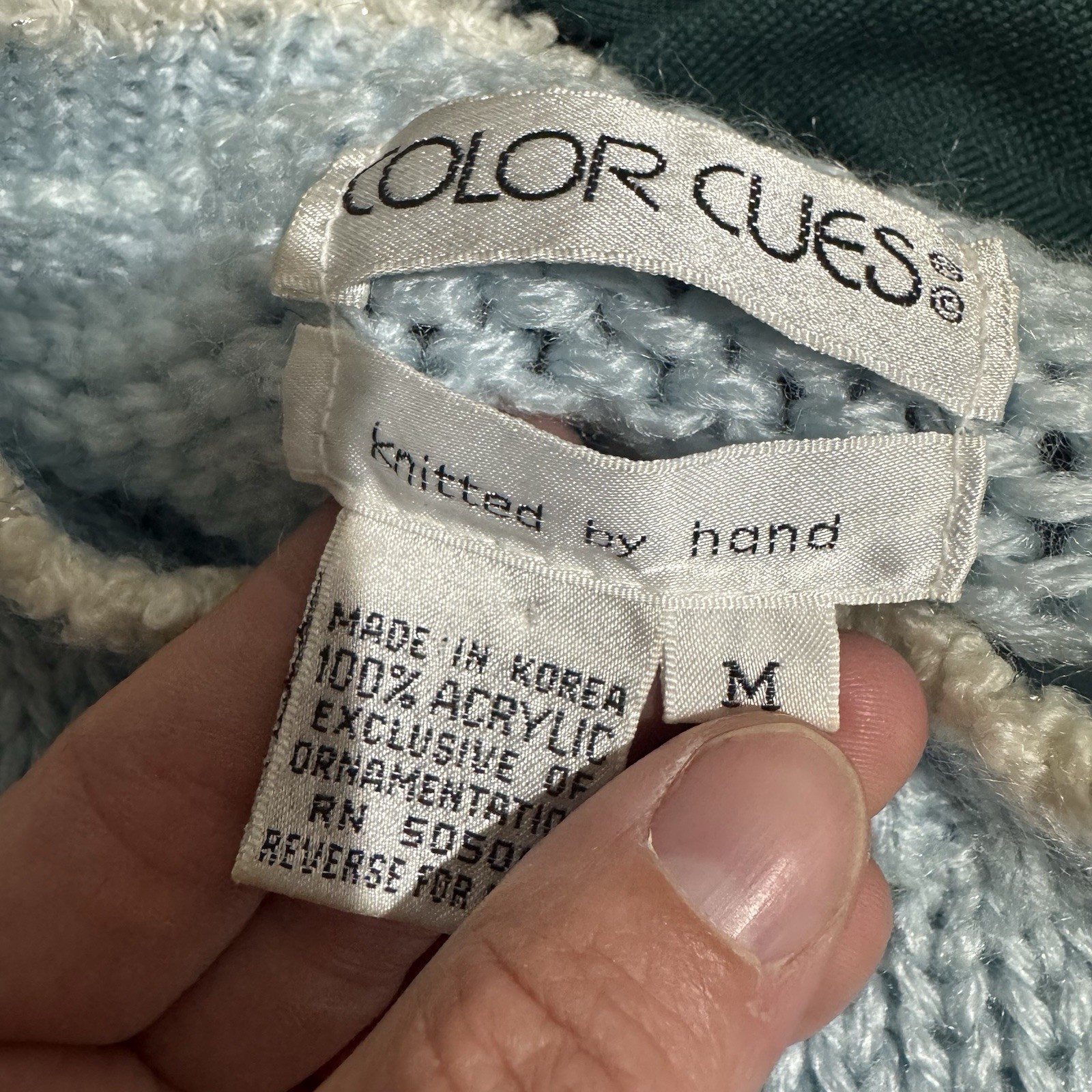 Color Cues Women Medium Hand Knit Sweater Korea 3D Teddy Bear Pastel Baby Blue