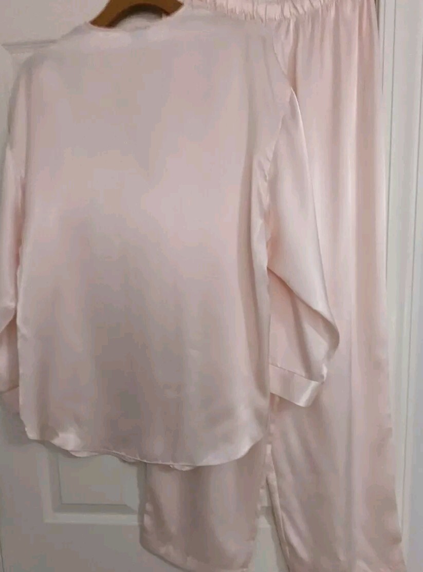 Vtg 80’s Etienne 2 Piece Pajamas Sz Large Blush Pink Silky Satin, Beaded Lace