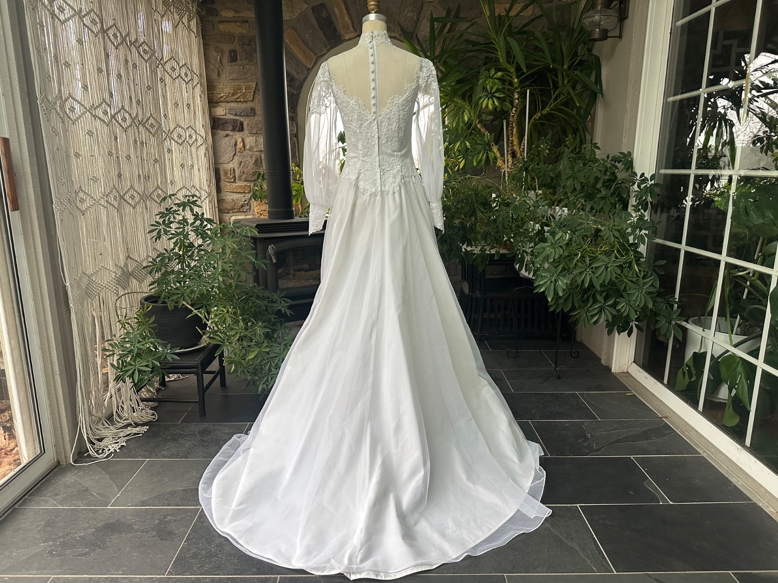 Vintage 1970s White High Neck Nylon Chiffon and Lace Wedding Gown