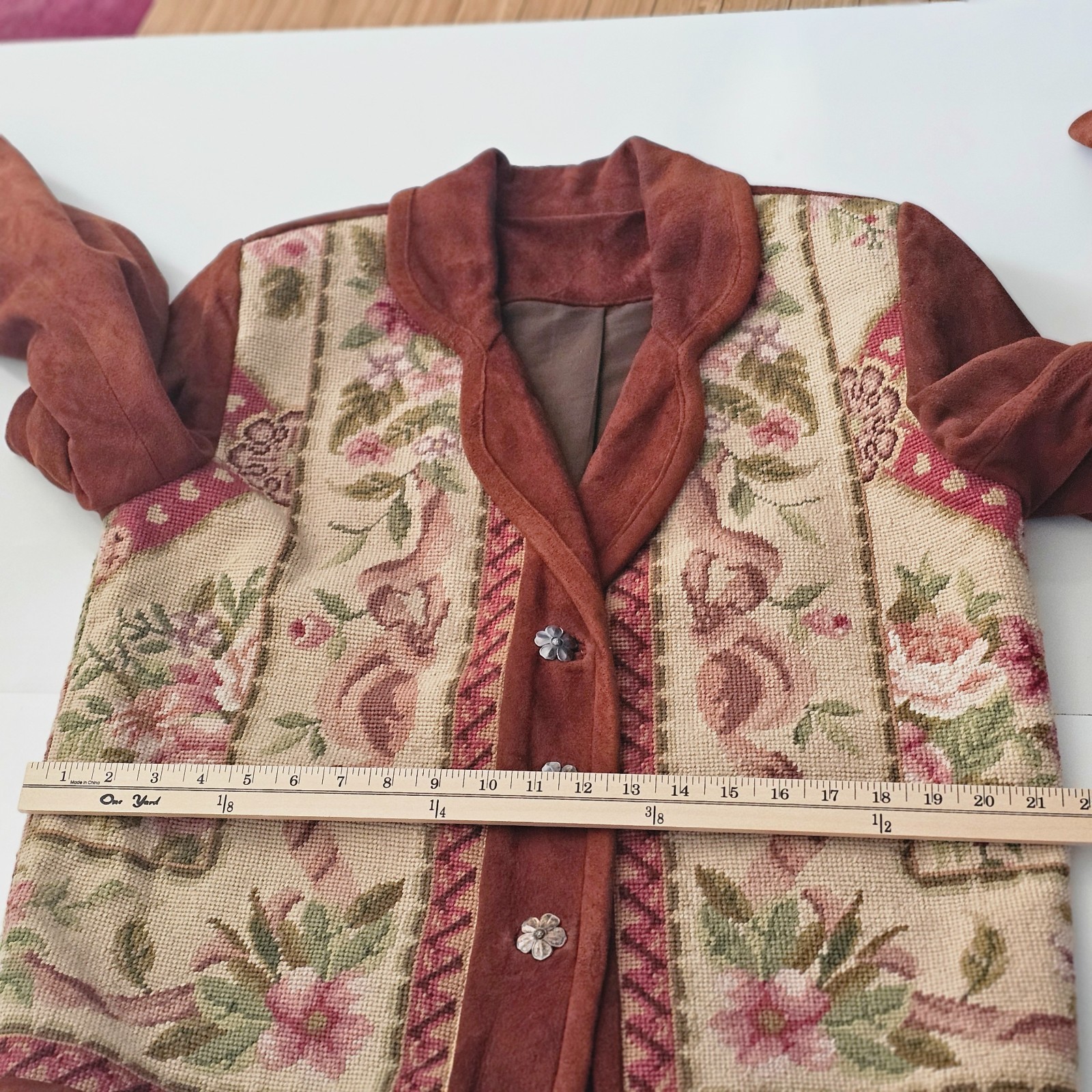Vtg. BOUCHER Santa Fe Womens Suede Jacket Wool Floral Needle point Tapestry .925