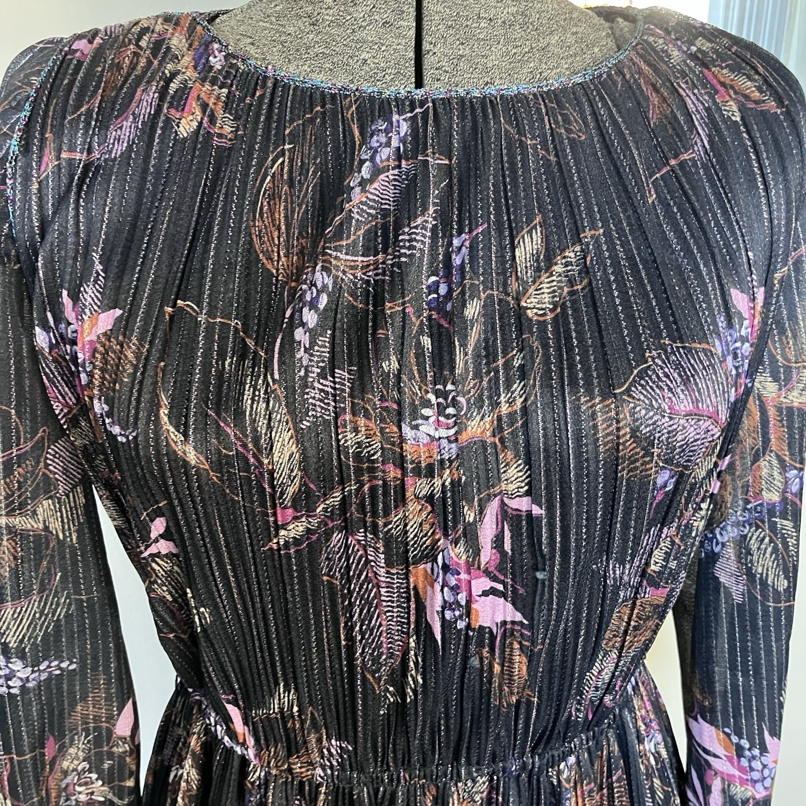 Sexy Vintage 70s Shimmery Sheet Black Dress With Metallic Braided Trim sz 8