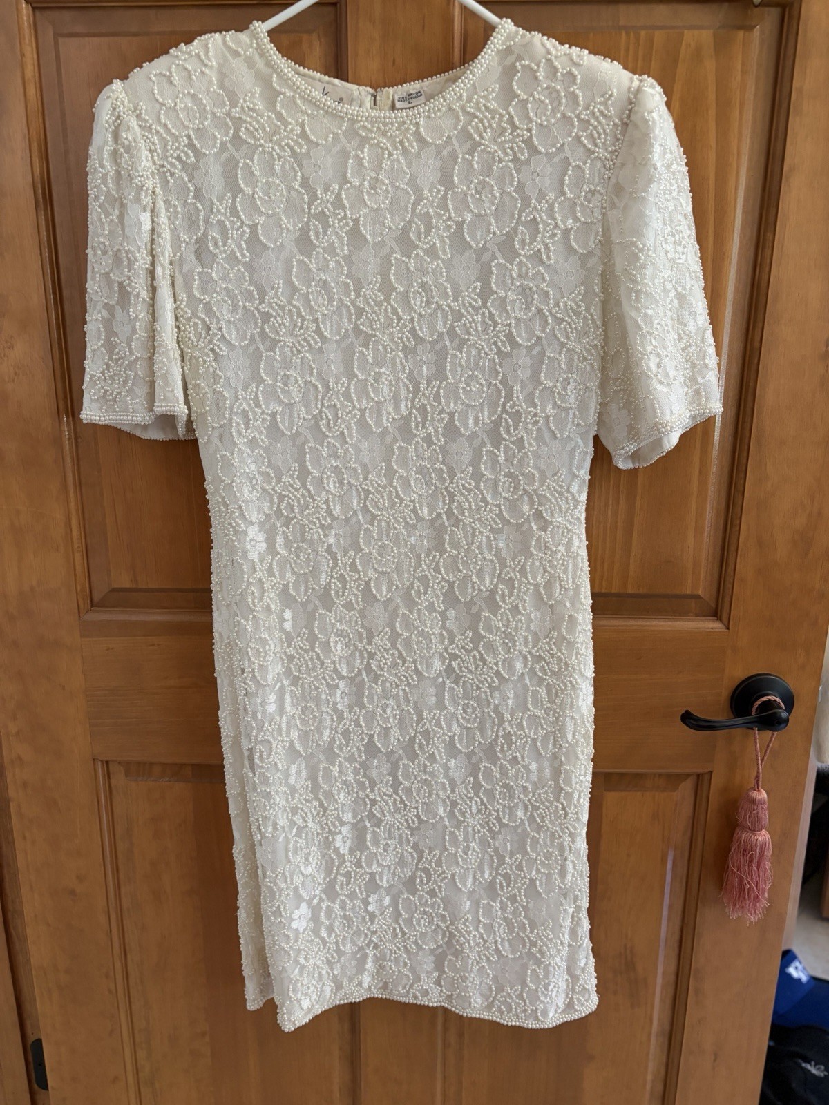 VTG Laurence Kazar Beaded Cream Dress Elegant Pearl Floral Lace Formal Wedding