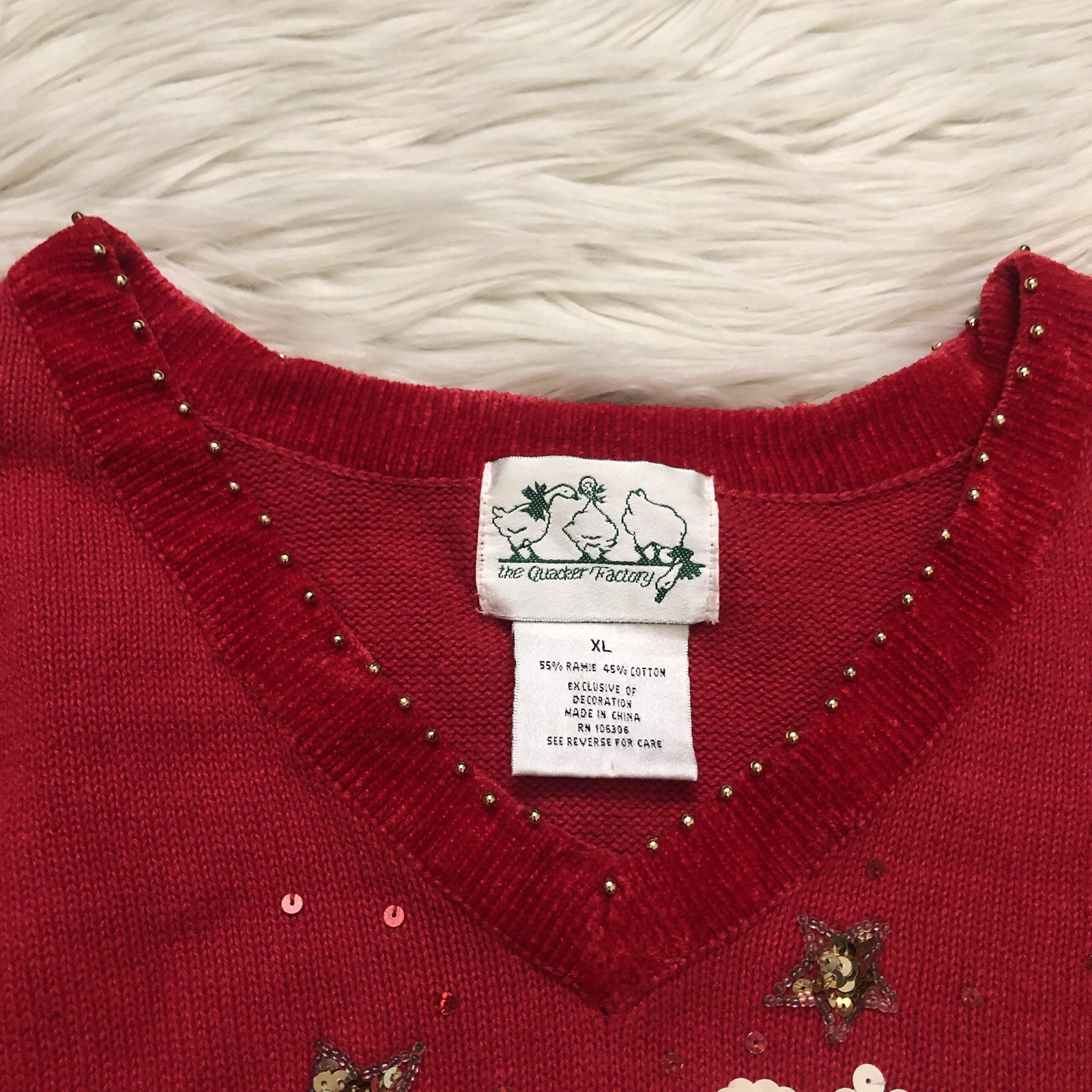 Vintage The Quacker Factory Sequins Beaded Patriot Flag Red Ugly Sweater size XL