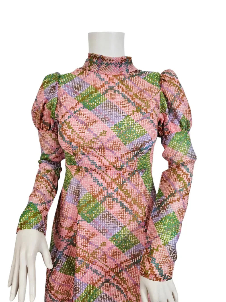 1970s Pink Green Pixelated Plaid Nylon Maxi Dress I Sz Sm I Leg o Mutton Sleeves
