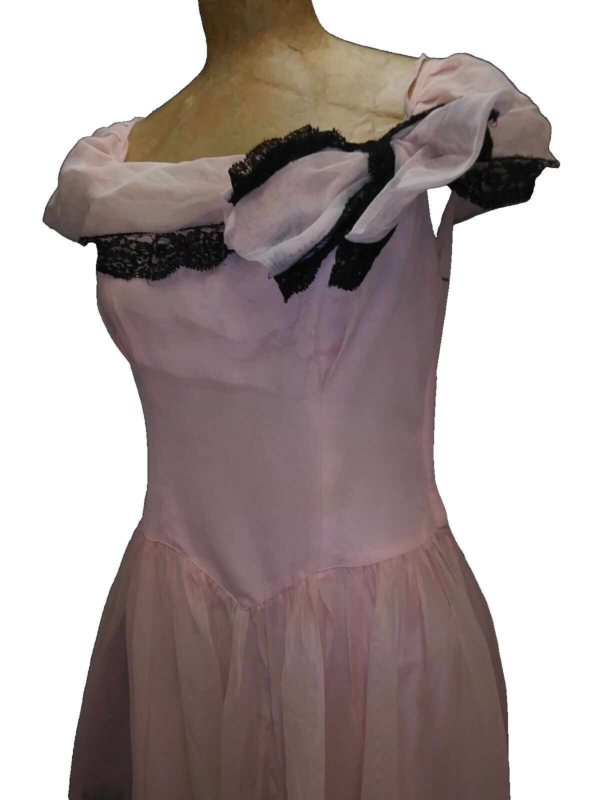 1950’s Pink Fine Mesh Acetate Black Lace Evening Gown by Beautime Medium As Is