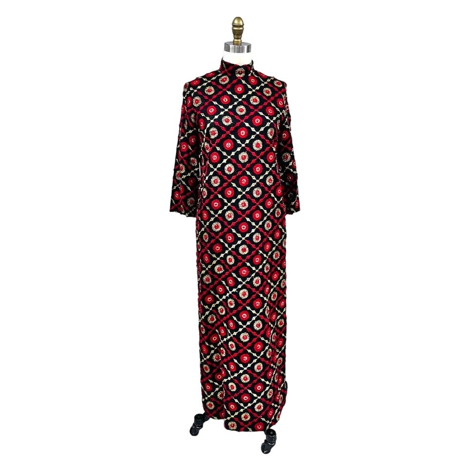 Edie Gladstone VTG 1970s Black Mod Column Dress Rhinestone Gold Red Mob Wife M