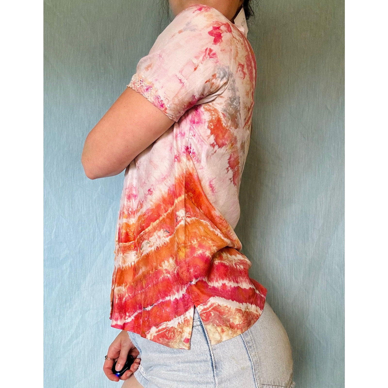 Shibori Dyed Vintage Silk Blouse Orange Pink Button Up Reworked Tie Dye Upcycled