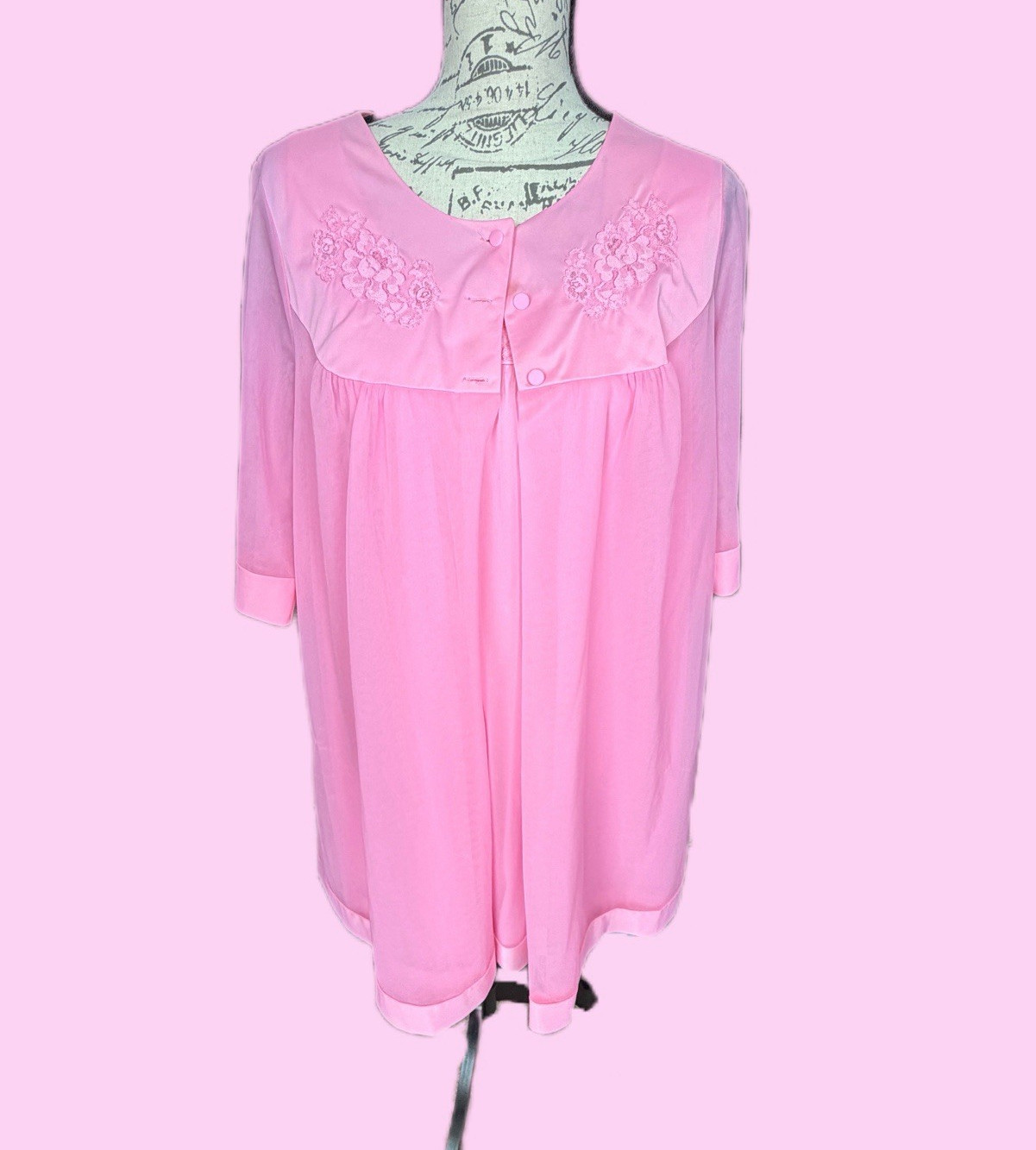 Vintage Pink Sheer Chiffon Nylon Babydoll Nightgown Lace Yoke Button Front M