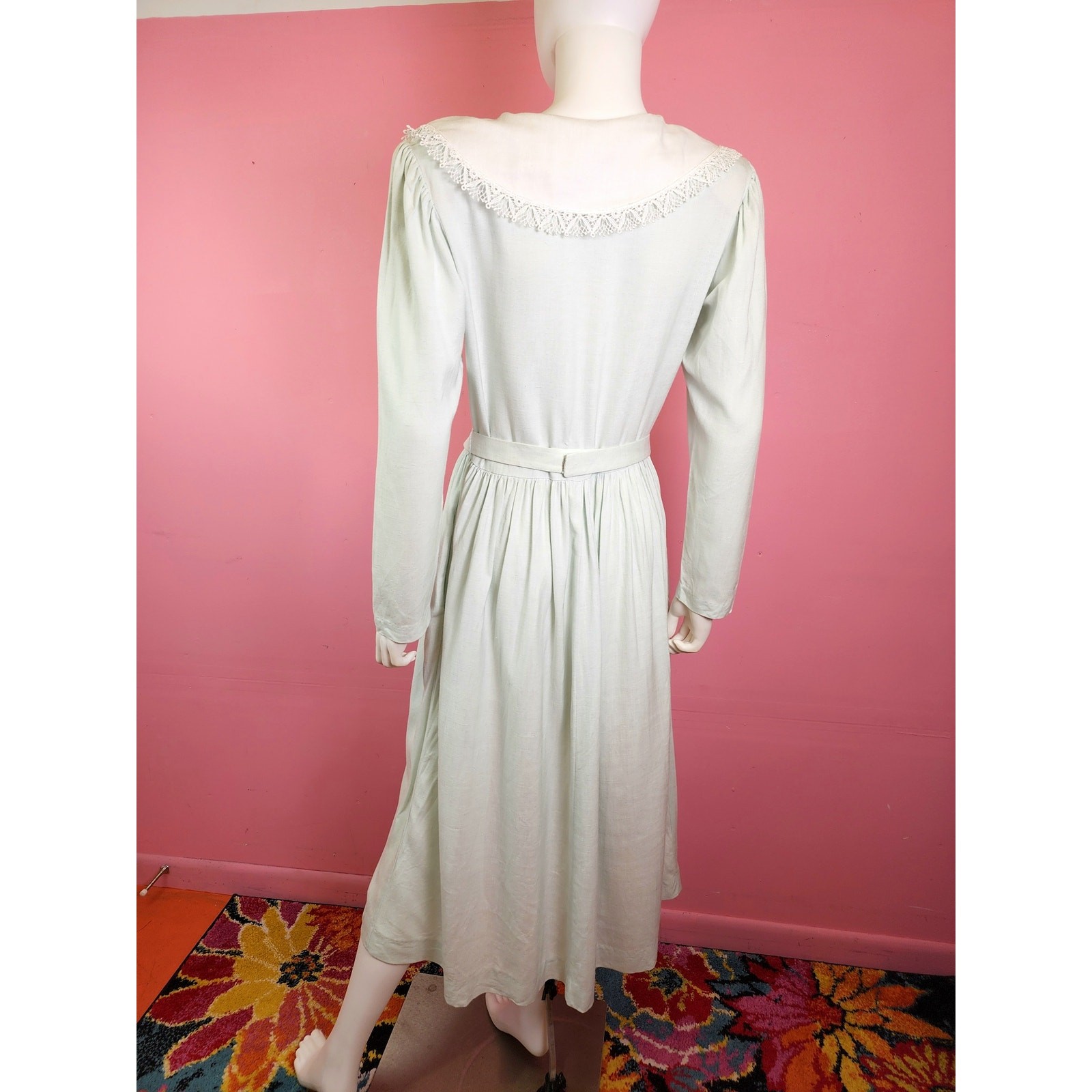 Vintage 1990’s Lanz Originals Seafoam Mint White Lace Collar Button Up Dress