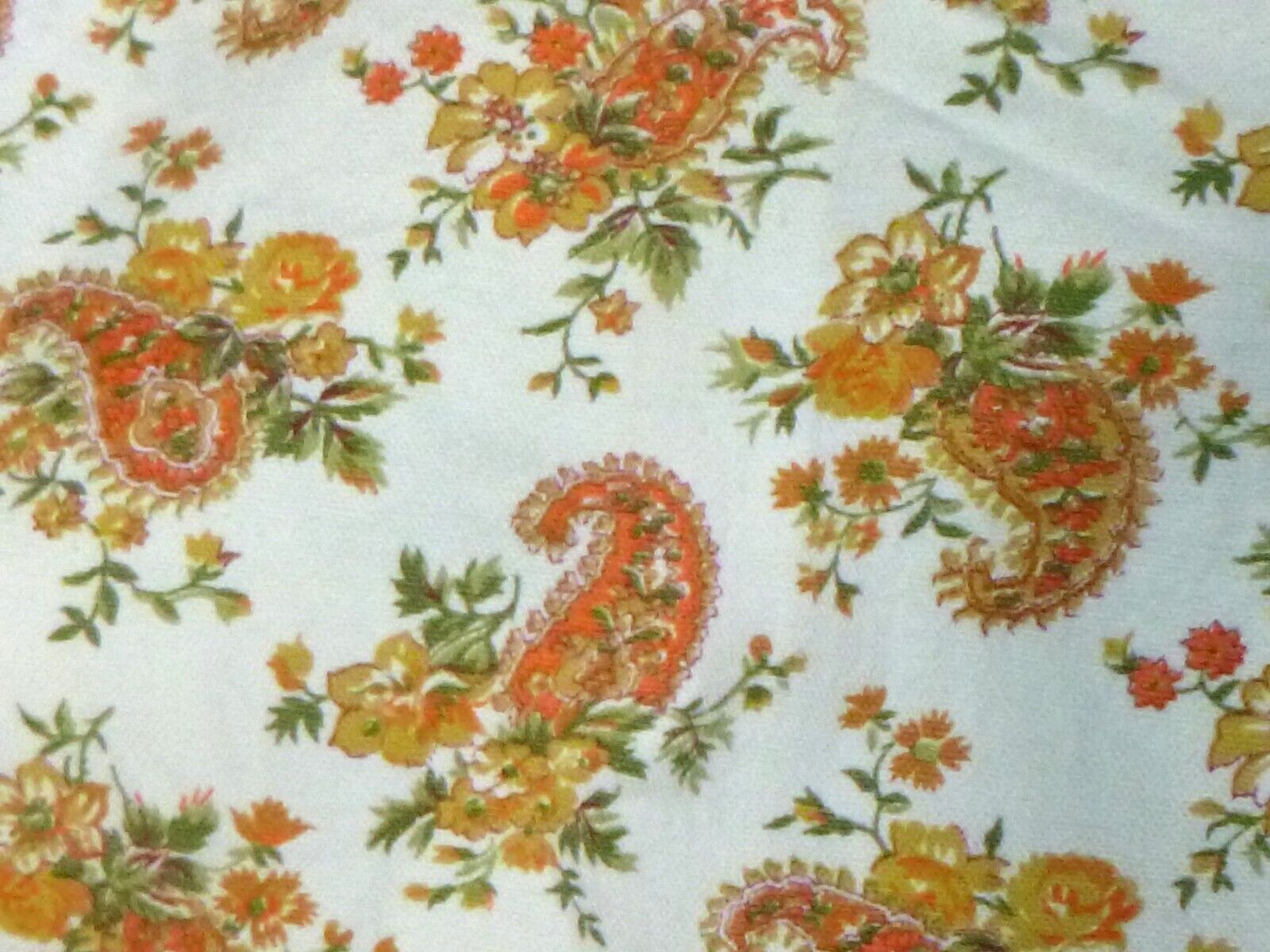 Vtg 60s Heavy Cotton Shift Dress Orange GOld Flowers & Paisleys Sz M/L