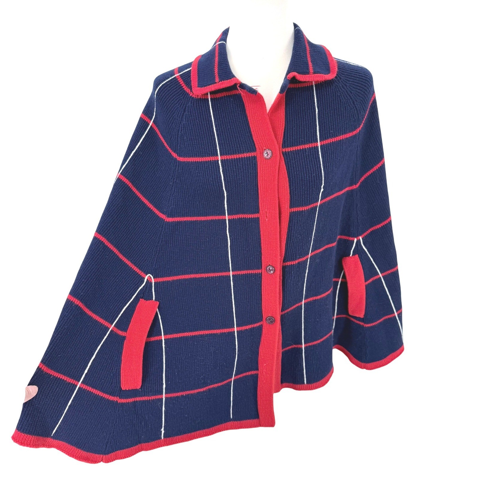 Vintage Glentex Navy Blue Red Plaid Button Front Cape Poncho Sweater One Size