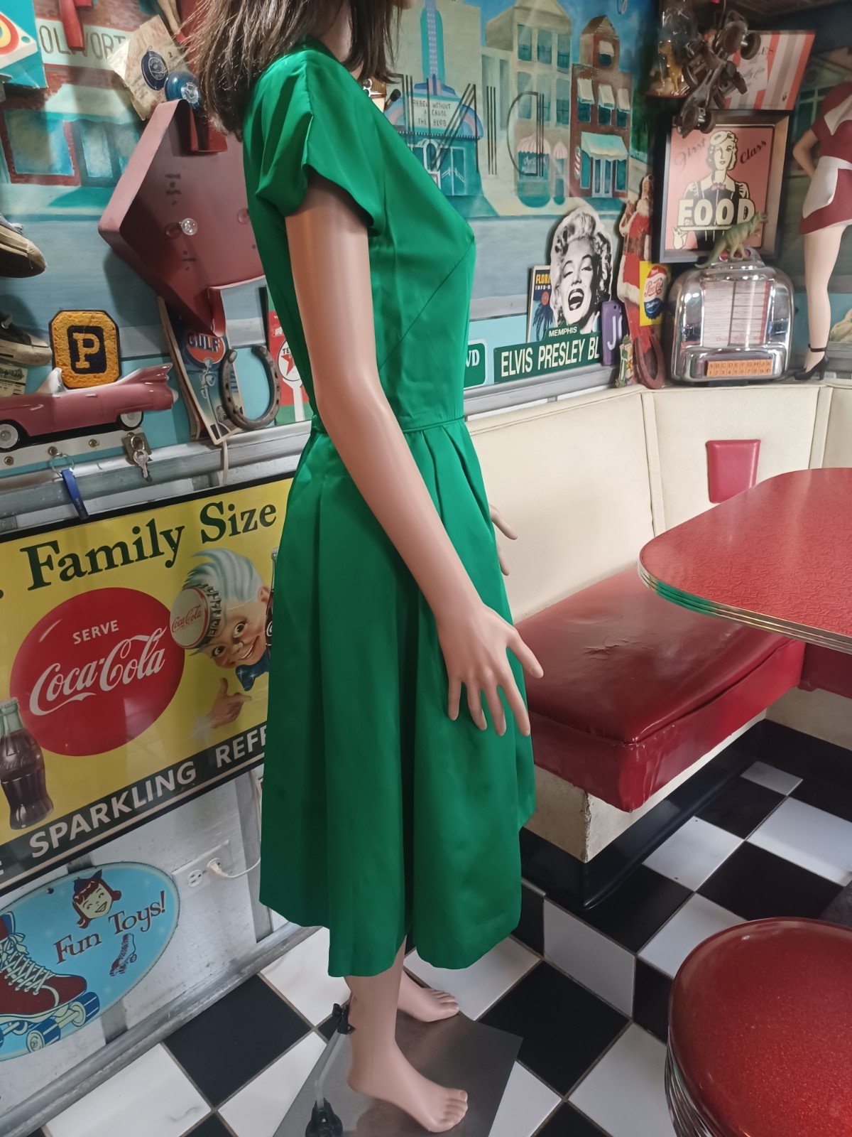 VTG Mid-century 40s 50s 60s Emerald Green Satin Cocktail Party Dress M Crinoline