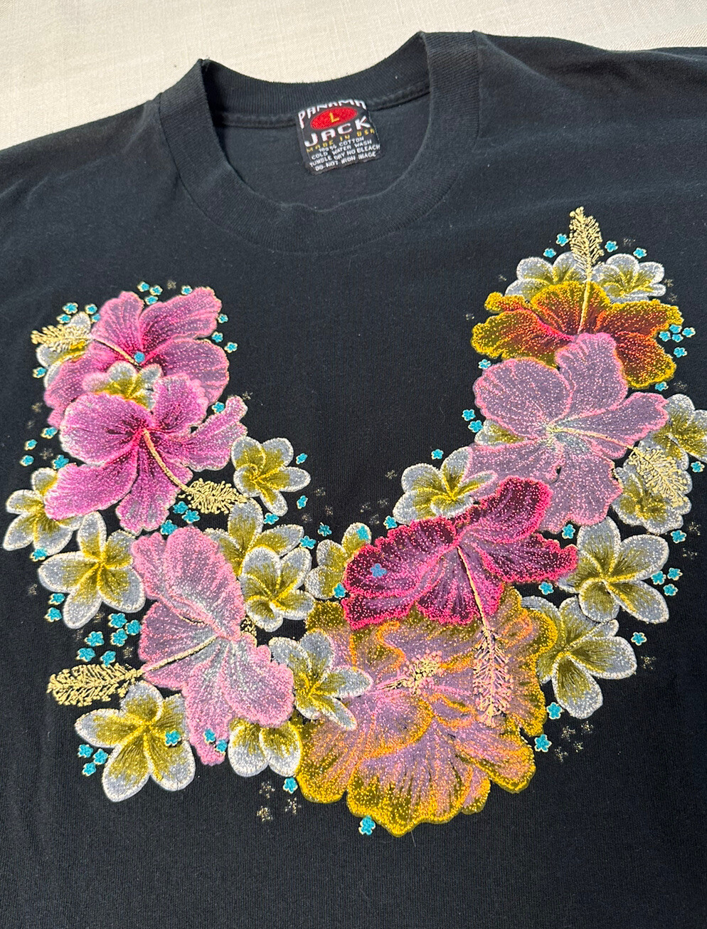 Vintage Panama Jack Florida Ladies Large Short Sleeve Black Floral T Shirt