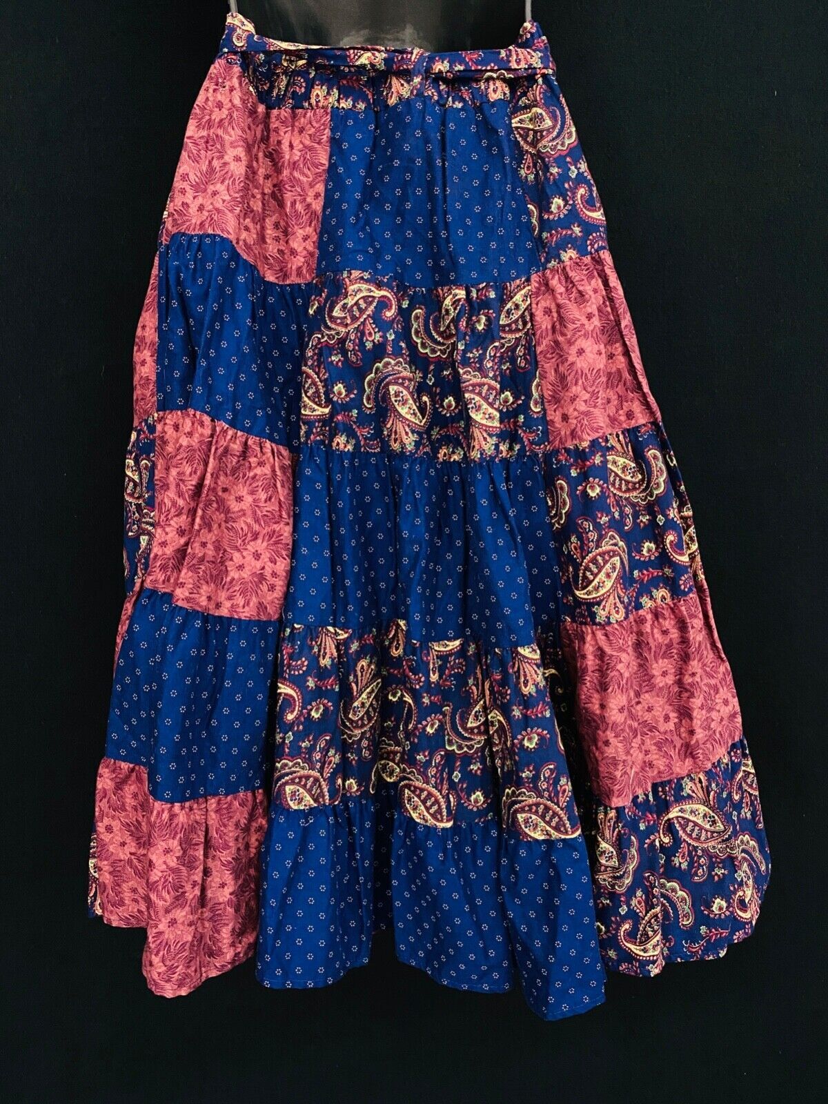 Vintage 1970s patchwork skirt, blue pink paisley boho prairie cotton circle OSFM