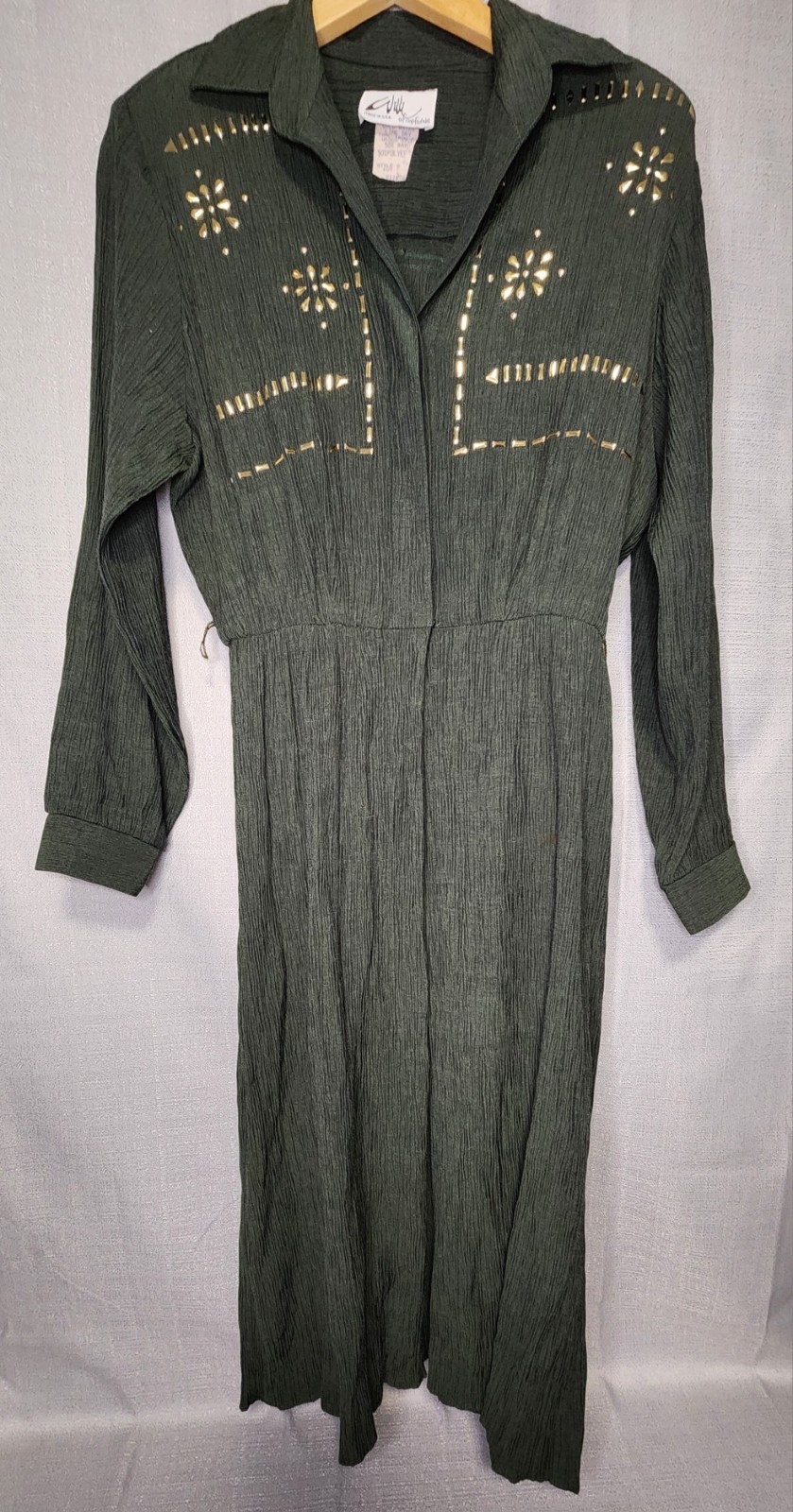 Vintage Willi Of California Forest Green Gold Accent LS Crinkle Crepe Dress 10