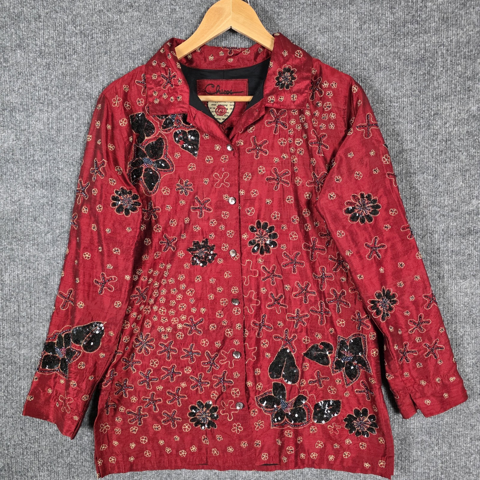 Chicos Dupioni Silk Beaded Shirt Womens XL Red Asian Art To Wear Sequin Vintage