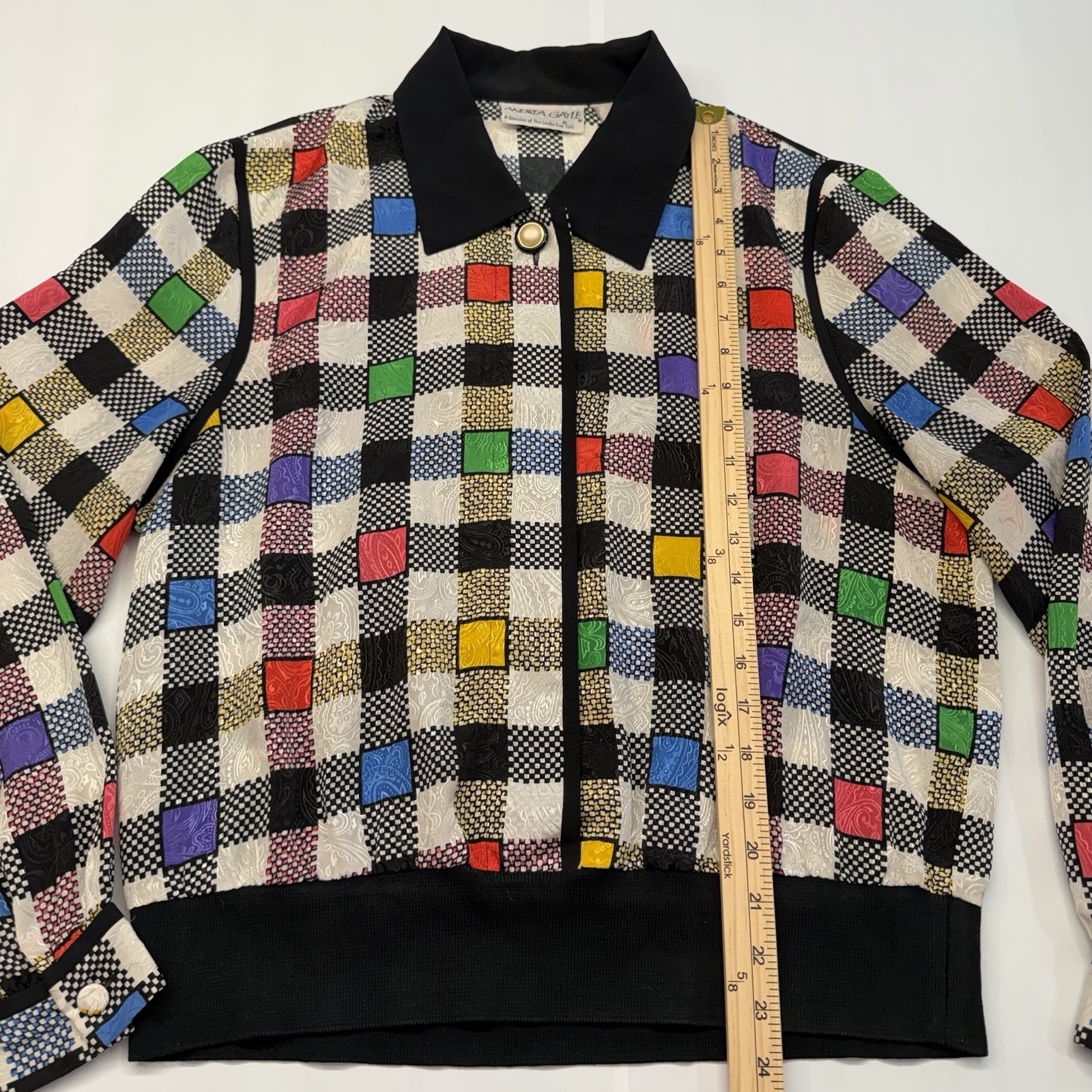 Vtg Geometric Colorblock Polyester Andrea Gayle Secretary Geek Blouse Sz 14