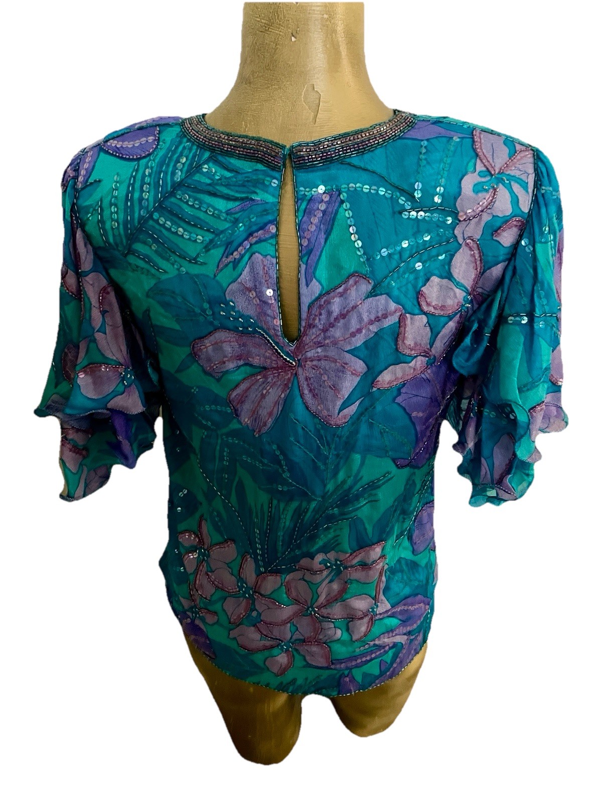 JUDITH ANN CREATIONS Vintage 80’s SILK Beaded TROPICAL Floral BLOUSE Size Small