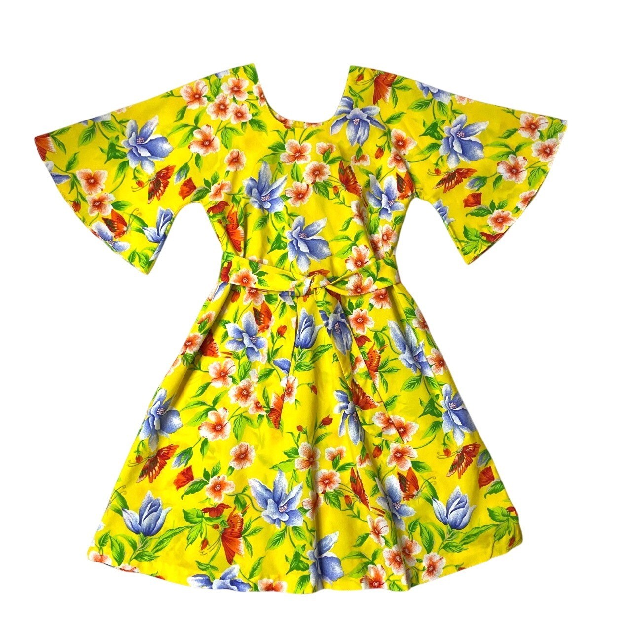 Vtg 80’s Two Potato Laguna Beach Floral Butterfly Yellow Dress Bell Sleeves Sz M